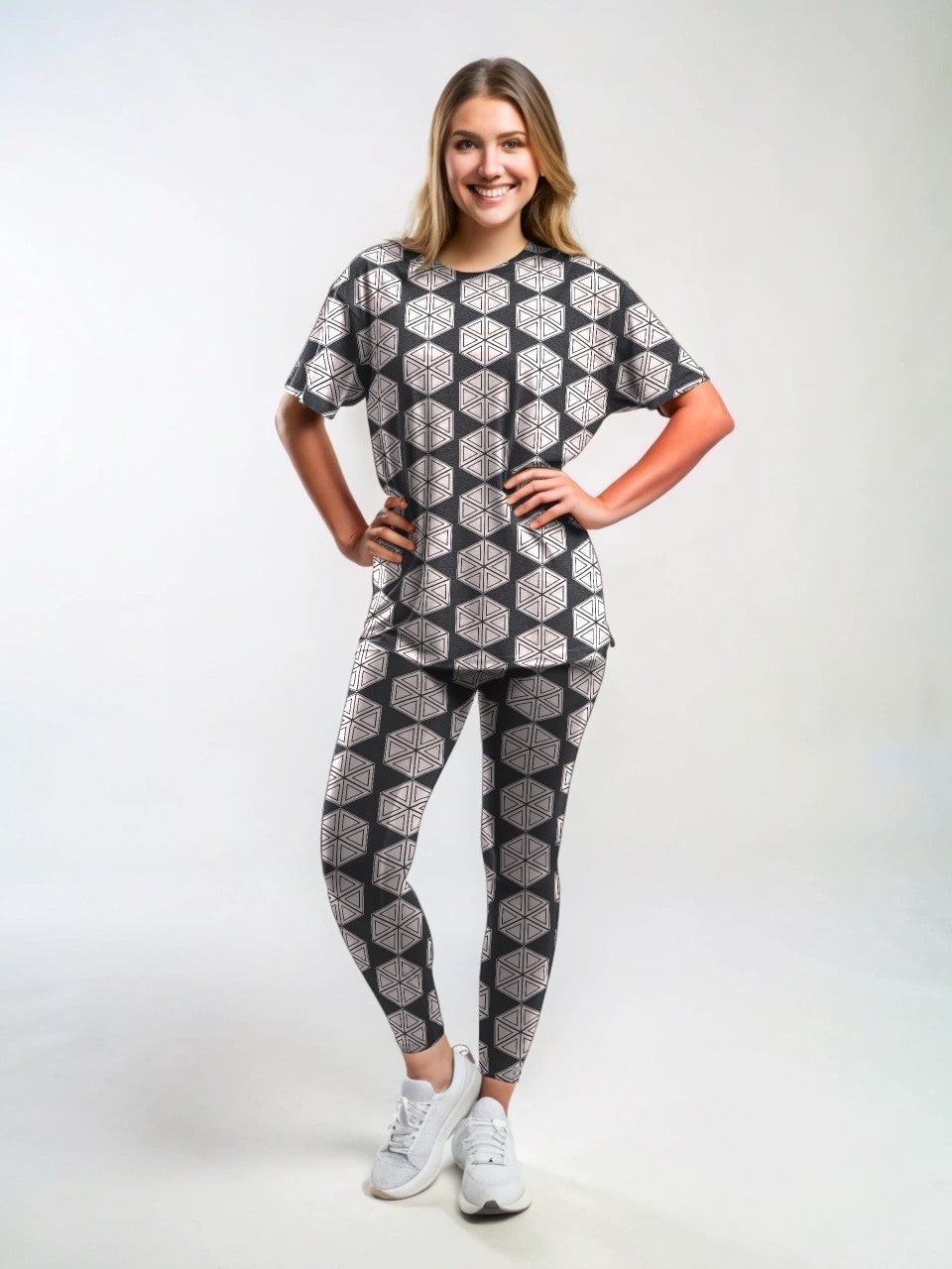 Trendy Hexagon Pink Print Premium Oversized Tee With Tummy Tuck Body Shaping Leggings Co-ord Set