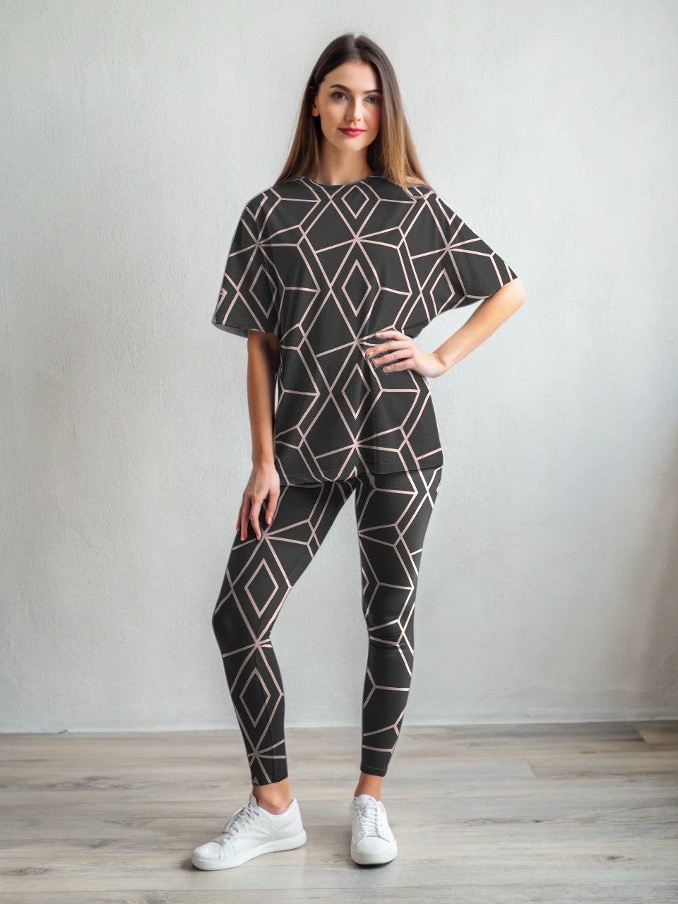 Hotselling Pastel Pink Lines on Brown Print Premium Oversized Tee With Tummy Tuck Body Shaping Leggings Co-ord Set