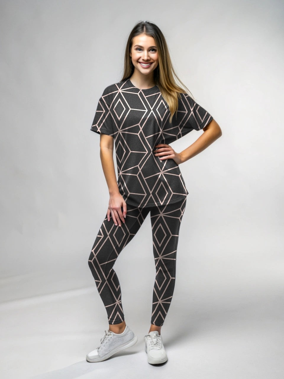 Hotselling Pastel Pink Lines on Brown Print Premium Oversized Tee With Tummy Tuck Body Shaping Leggings Co-ord Set