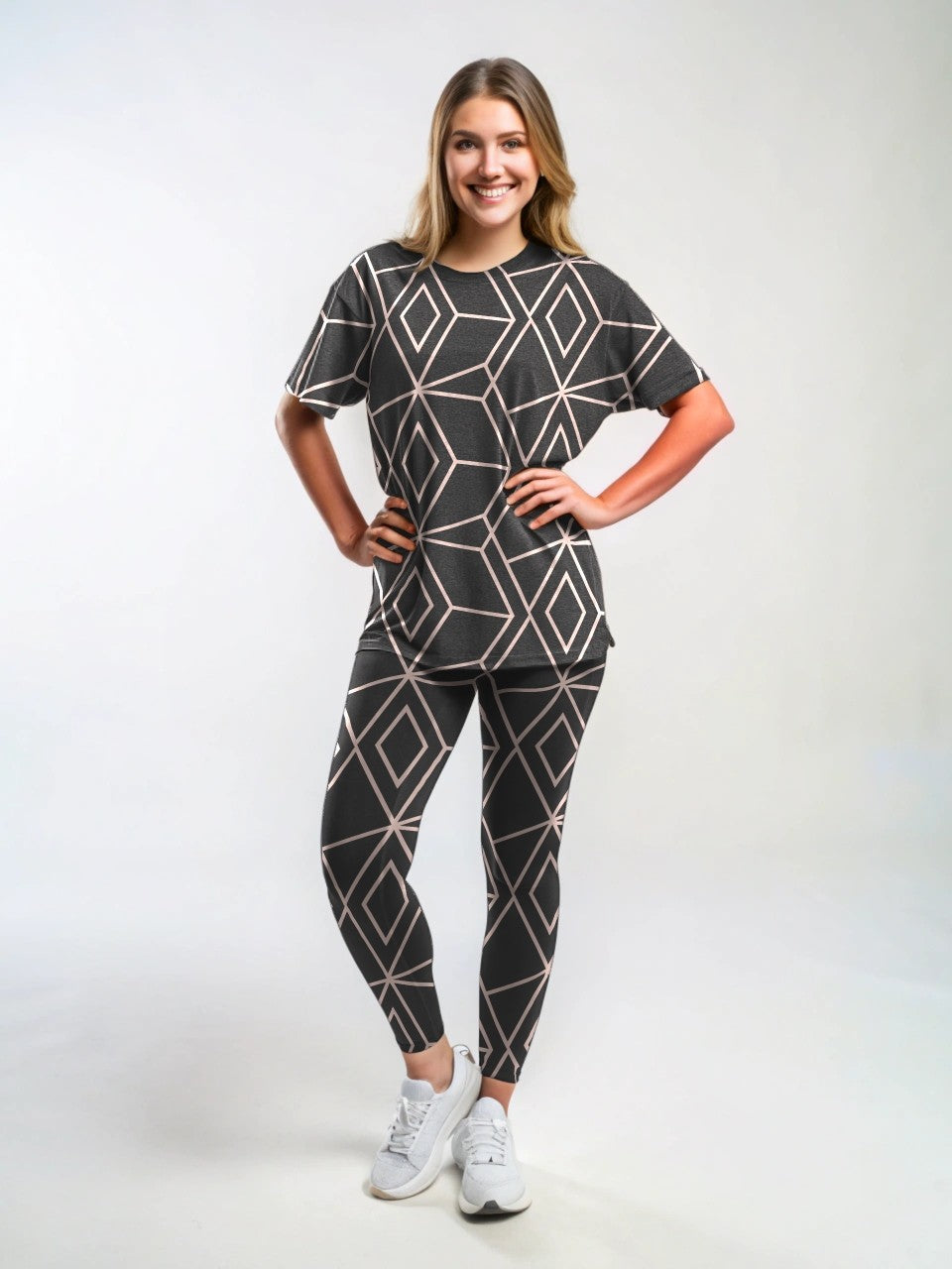 Hotselling Pastel Pink Lines on Brown Print Premium Oversized Tee With Tummy Tuck Body Shaping Leggings Co-ord Set