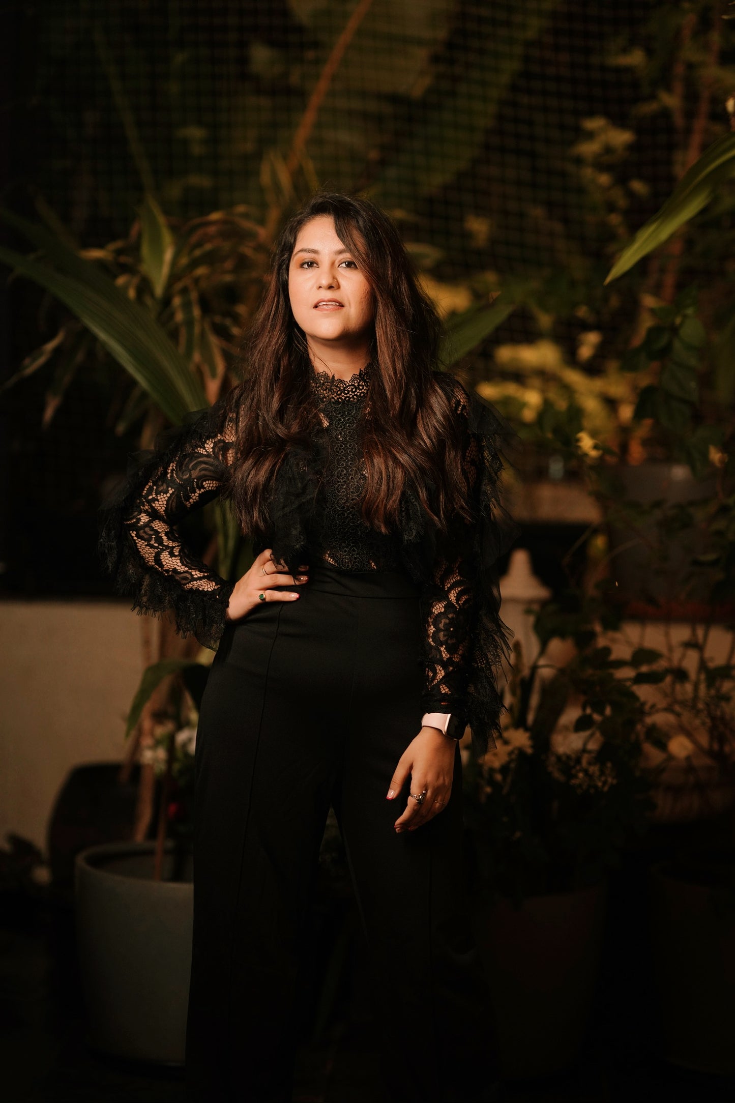 Ultramod See Through Lace Gauze Patchwork Solid Black Jumpsuit
