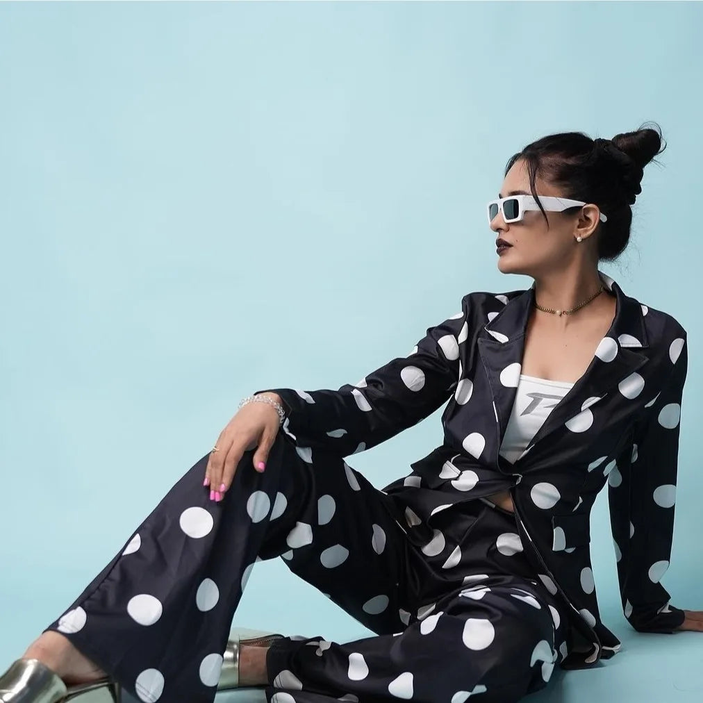 Splendid Dot Print Blazer And Pants Black Suit Set - Ships in 24 Hrs