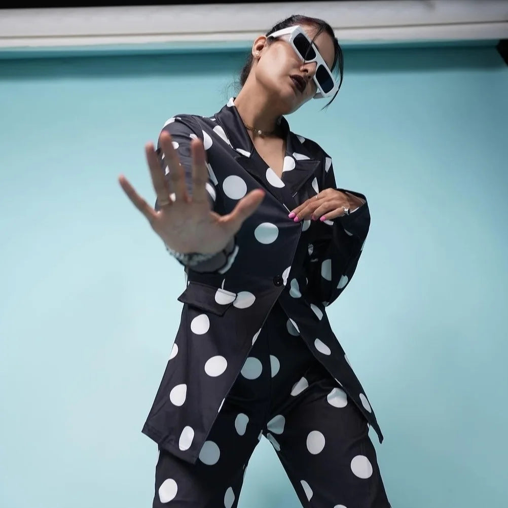 Splendid Dot Print Blazer And Pants Black Suit Set - Ships in 24 Hrs