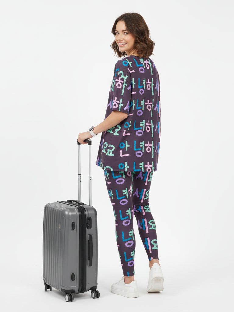 Trending Korean Hello Print Premium Oversized Tee With Tummy Tuck Body Shaping Leggings Co-ord Set