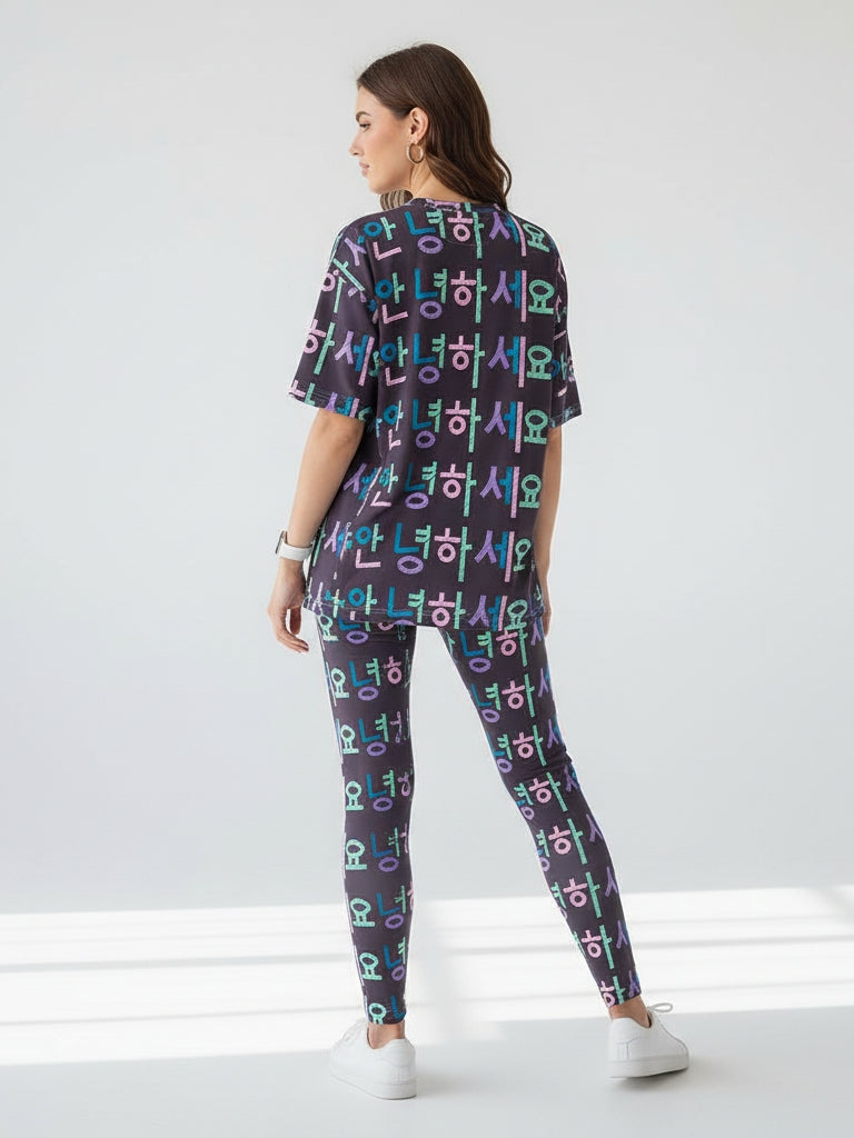 Trending Korean Hello Print Premium Oversized Tee With Tummy Tuck Body Shaping Leggings Co-ord Set