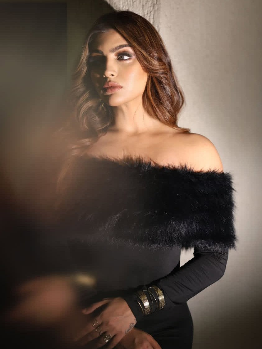 Beautiful Off Shoulder Black Fluff Split Maxi Dress