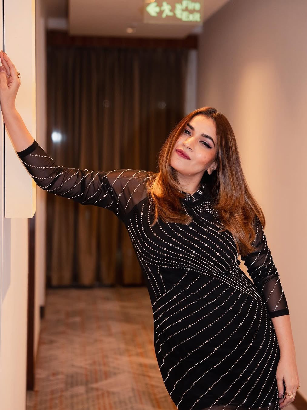 Exclusive Rhinestones Bodycon Party Wear Long Sleeve Midi Dress - Ships in 24 Hrs