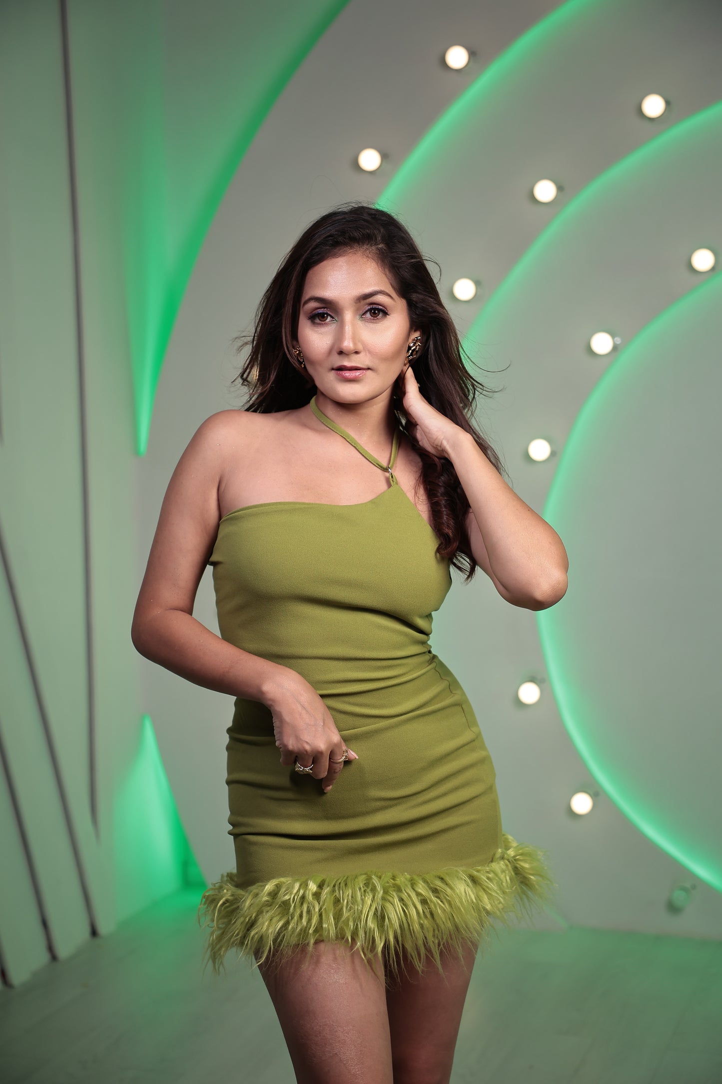 Sexy Backless Feather Decor Green Mini Dress