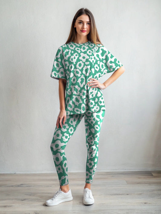 Trendy Leopard Print Premium Oversized Tee With Tummy Tuck Body Shaping Leggings Green Co-ord Set