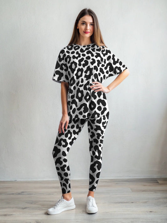Trendy Leopard Print Premium Oversized Tee With Tummy Tuck Body Shaping Leggings Black Co-ord Set