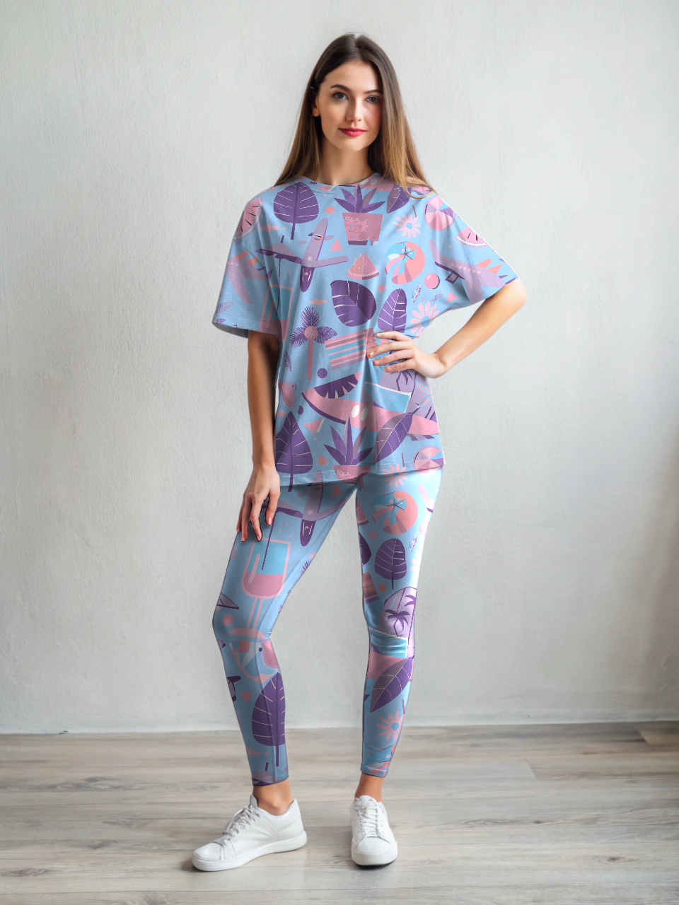 Holiday Wear Theme  Print Premium Oversized Tee With Tummy Tuck Body Shaping Leggings Co-ord Set
