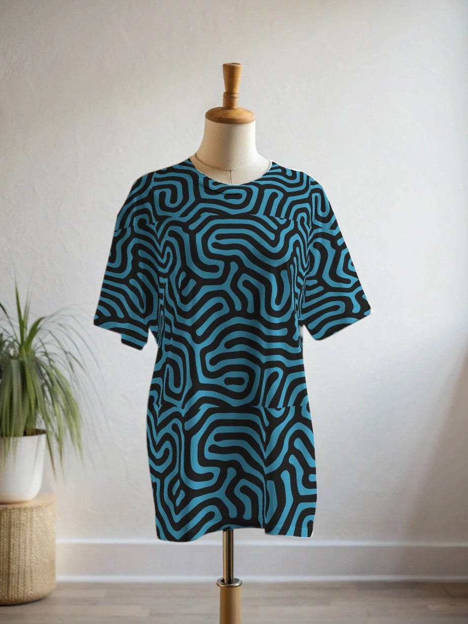 Simple Maze Print Premium Oversized Tee With Tummy Tuck Body Shaping Leggings Aqua Green Co-ord Set