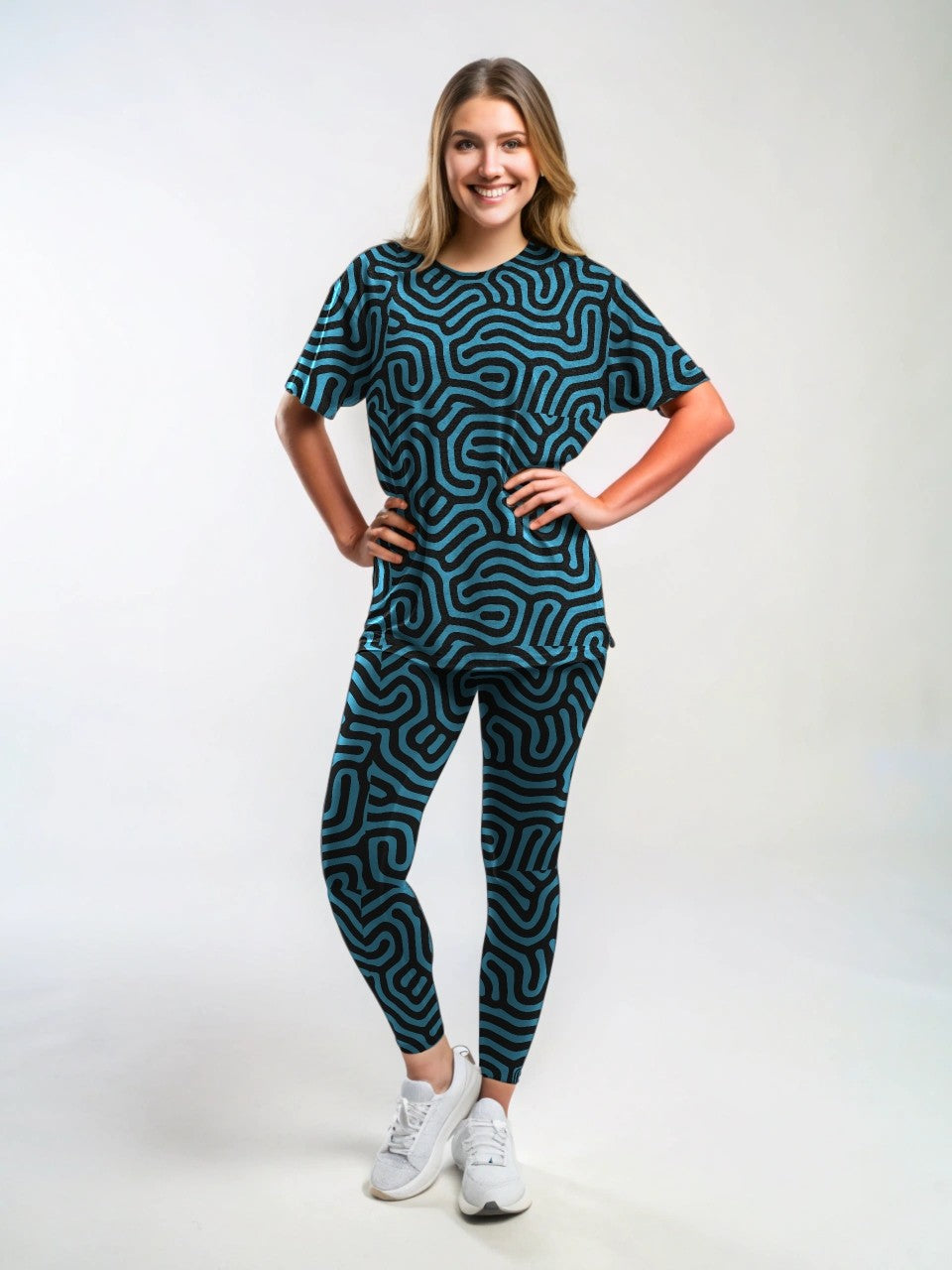 Simple Maze Print Premium Oversized Tee With Tummy Tuck Body Shaping Leggings Aqua Green Co-ord Set