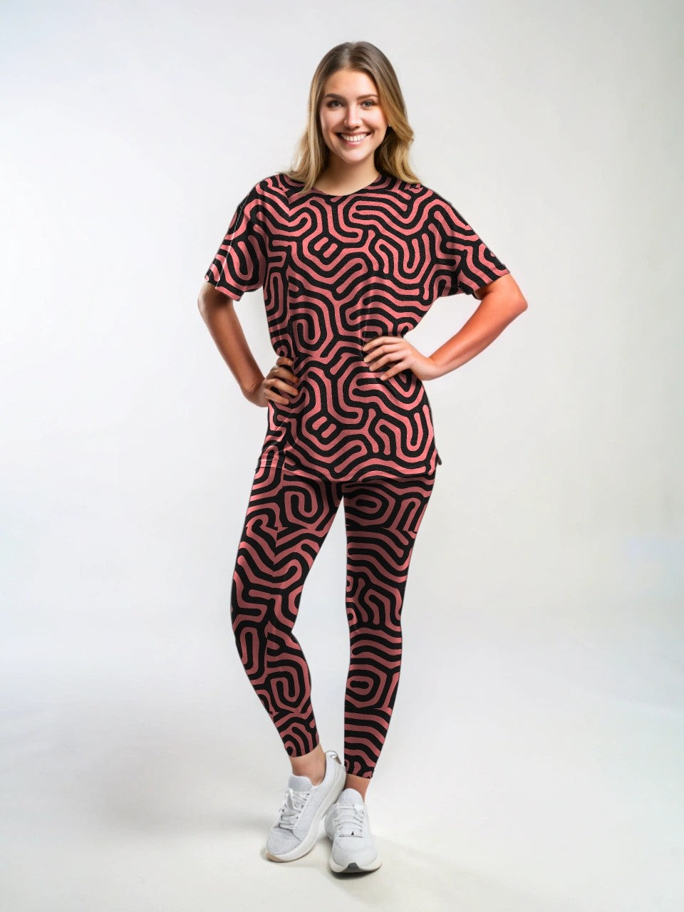 Simple Maze Print Premium Oversized Tee With Tummy Tuck Body Shaping Leggings Magenta Co-ord Set