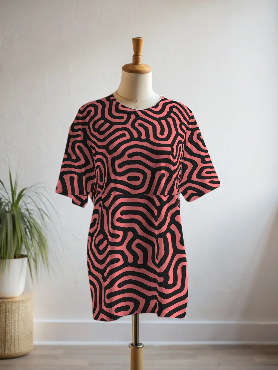 Simple Maze Print Premium Oversized Tee With Tummy Tuck Body Shaping Leggings Magenta Co-ord Set