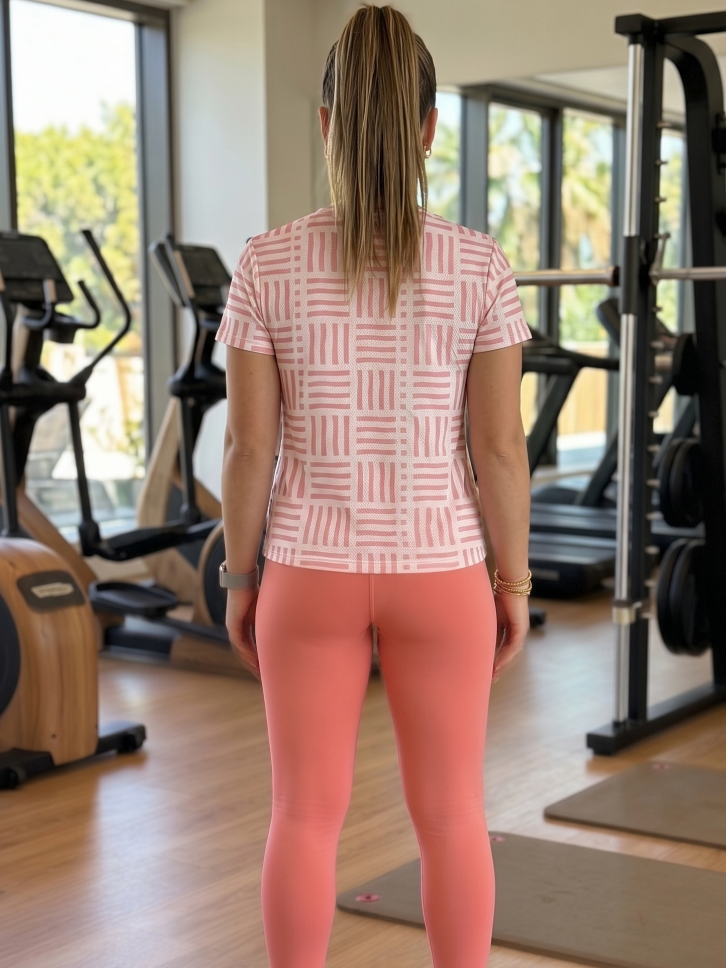 Sophisticated Geometric Print | Activewear Coord Set Tshirt With Tummy Tuck Peach Leggings | Multi Sport | Odour Free