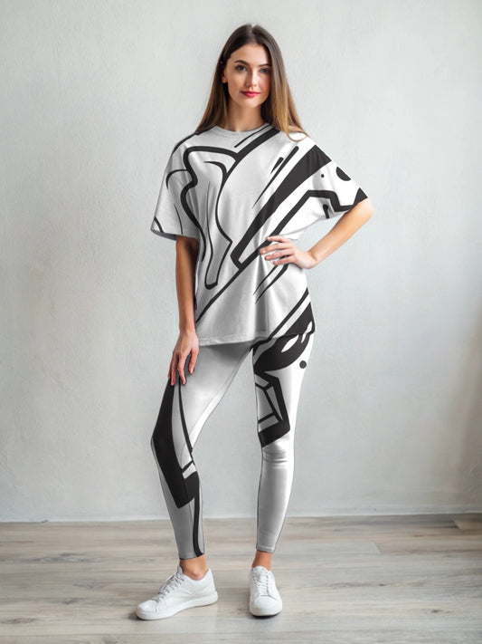 Monochrome Graffiti Print Premium Oversized Tee With Tummy Tuck Body Shaping Leggings Black Co-ord Set