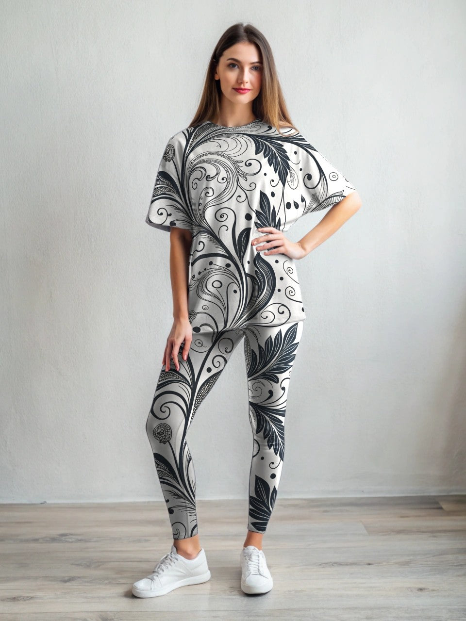 Pretty Nature Monochrome Print Premium Oversized Tee With Tummy Tuck Body Shaping Leggings Co-ord Set