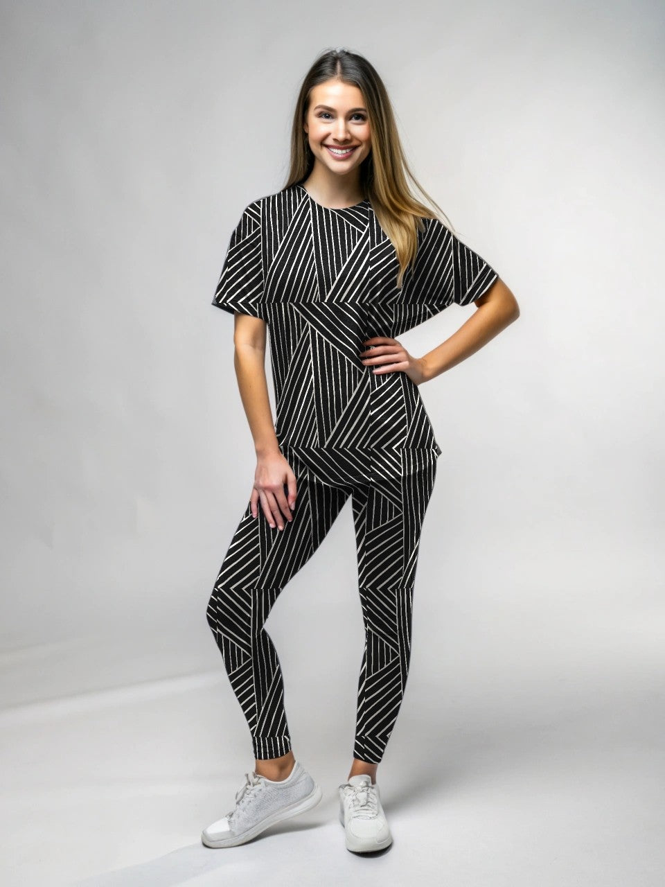 Evergreen Black Matrix Print Premium Oversized Tee With Tummy Tuck Body Shaping Leggings Co-ord Set