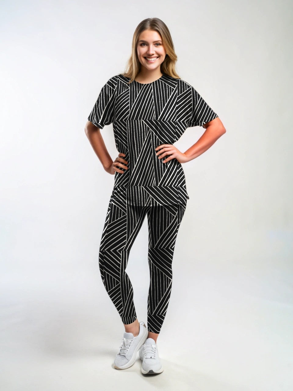 Evergreen Black Matrix Print Premium Oversized Tee With Tummy Tuck Body Shaping Leggings Co-ord Set