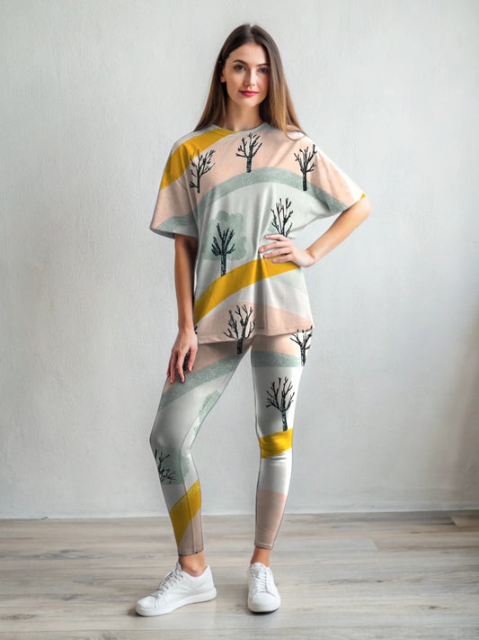Nature Trail Print Premium Oversized Tee With Tummy Tuck Body Shaping Leggings Co-ord Set
