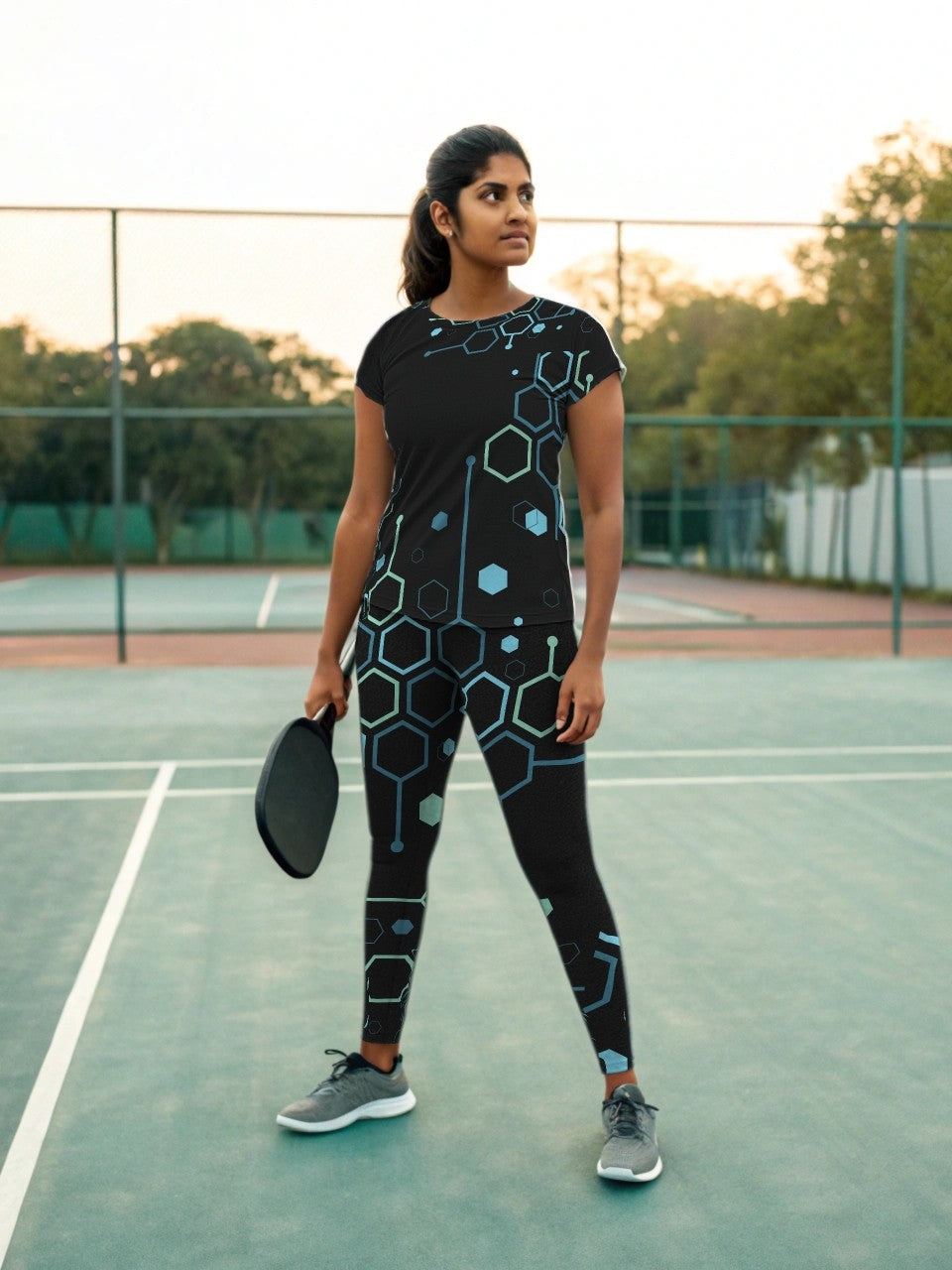 Pickleball | Paddleball | Activewear Coord Set Tshirt With Tummy Tuck Leggings | Trendy Matrix Print