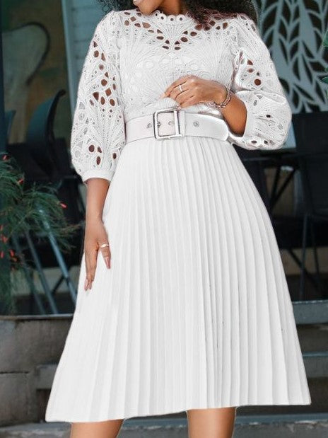 Elegant Geometric Pattern Lace High Rise Long Sleeve White Dress - Ships in 24 Hrs