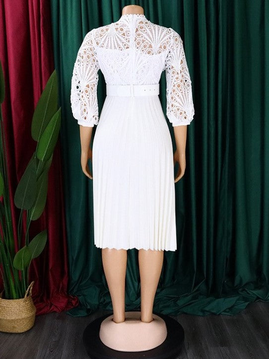 Elegant Geometric Pattern Lace High Rise Long Sleeve White Dress - Ships in 24 Hrs