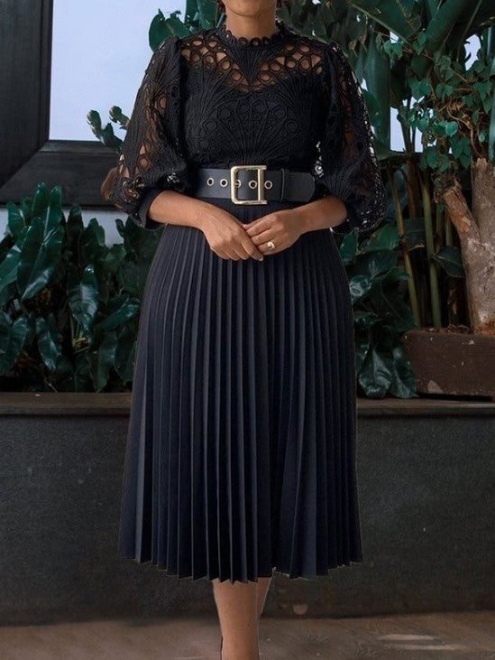Elegant Geometric Pattern Lace High Rise Long Sleeve Black Dress