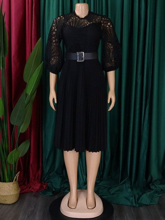 Elegant Geometric Pattern Lace High Rise Long Sleeve Black Dress