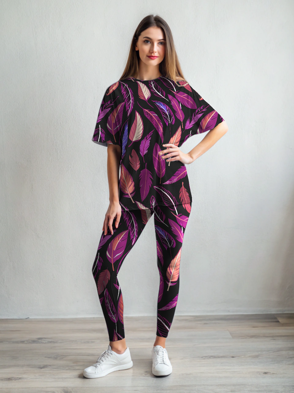 Serene Feather Print Premium Oversized Tee With Tummy Tuck Body Shaping Leggings Co-ord Set