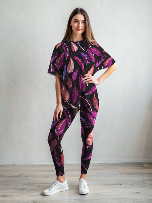 Serene Feather Print Premium Oversized Tee With Tummy Tuck Body Shaping Leggings Co-ord Set