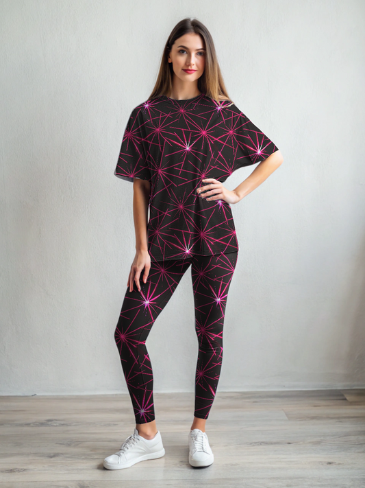 Dazzling Laser Print Premium Oversized Tee With Tummy Tuck Body Shaping Leggings Co-ord Set