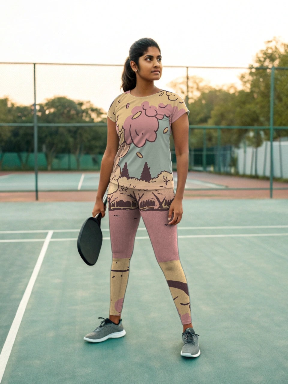 Pickleball | Paddleball | Activewear Coord Set Tshirt With Tummy Tuck Leggings | Pink Cherry Blossom Print