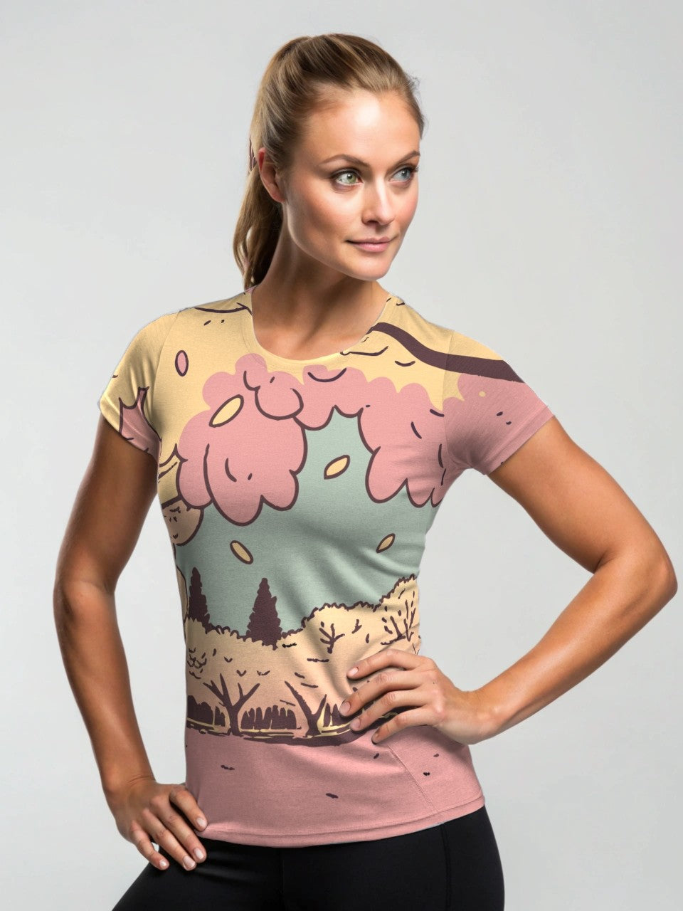 Pickleball | Paddleball | Activewear Coord Set Tshirt With Tummy Tuck Leggings | Pink Cherry Blossom Print
