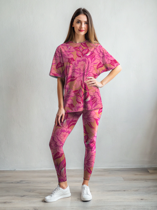 Soothing Floral Print Premium Oversized Tee With Tummy Tuck Body Shaping Leggings Co-ord Set - Ships in 24 Hrs
