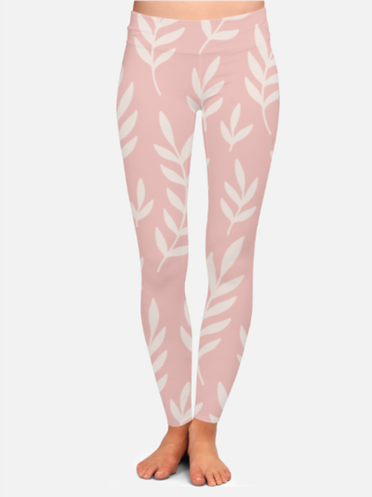 Sweet Pink Leaf Print High Waist Body Shaping Leggings