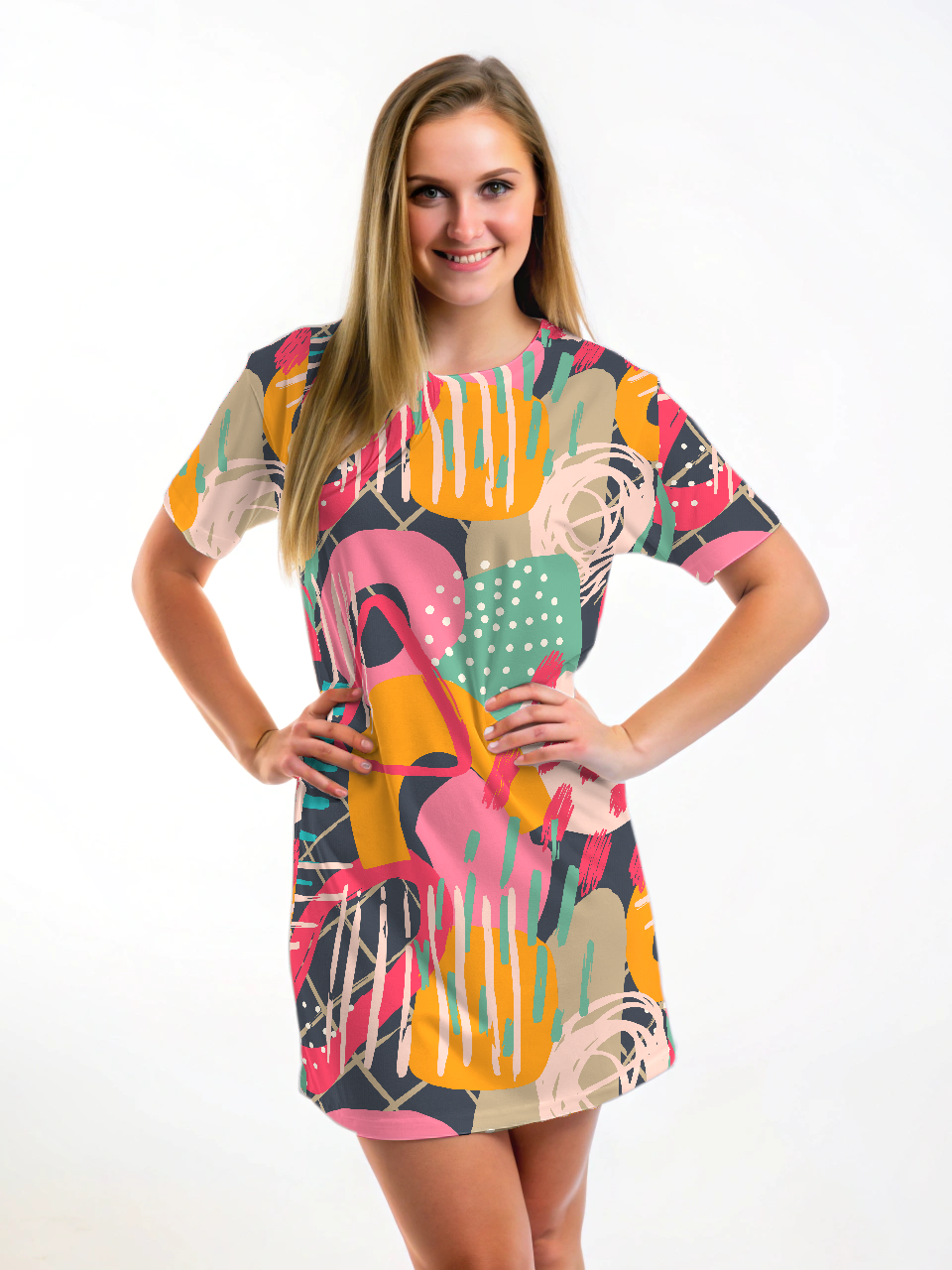 Vibrant Abstract Print Pink T Shirt Dress