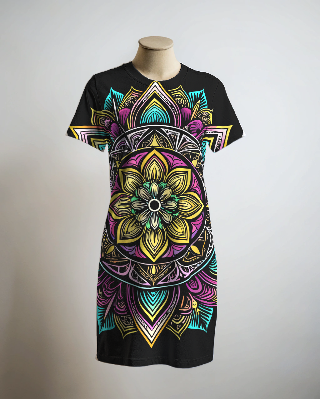 Unique Mandala Print Black T Shirt Dress