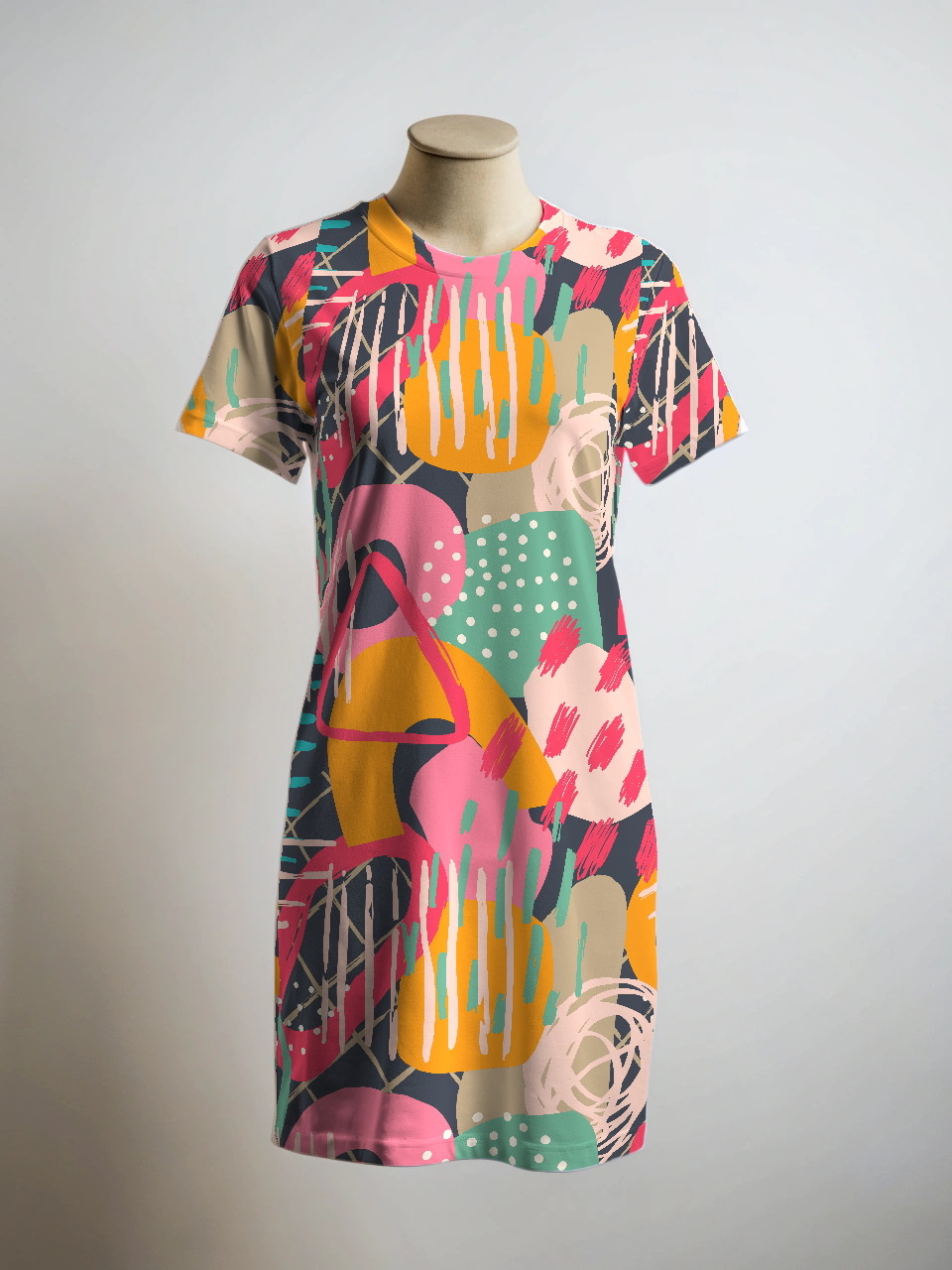 Vibrant Abstract Print Pink T Shirt Dress