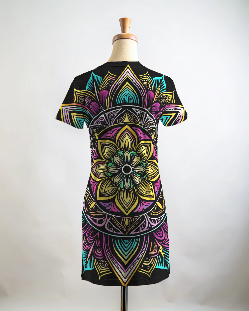 Unique Mandala Print Black T Shirt Dress