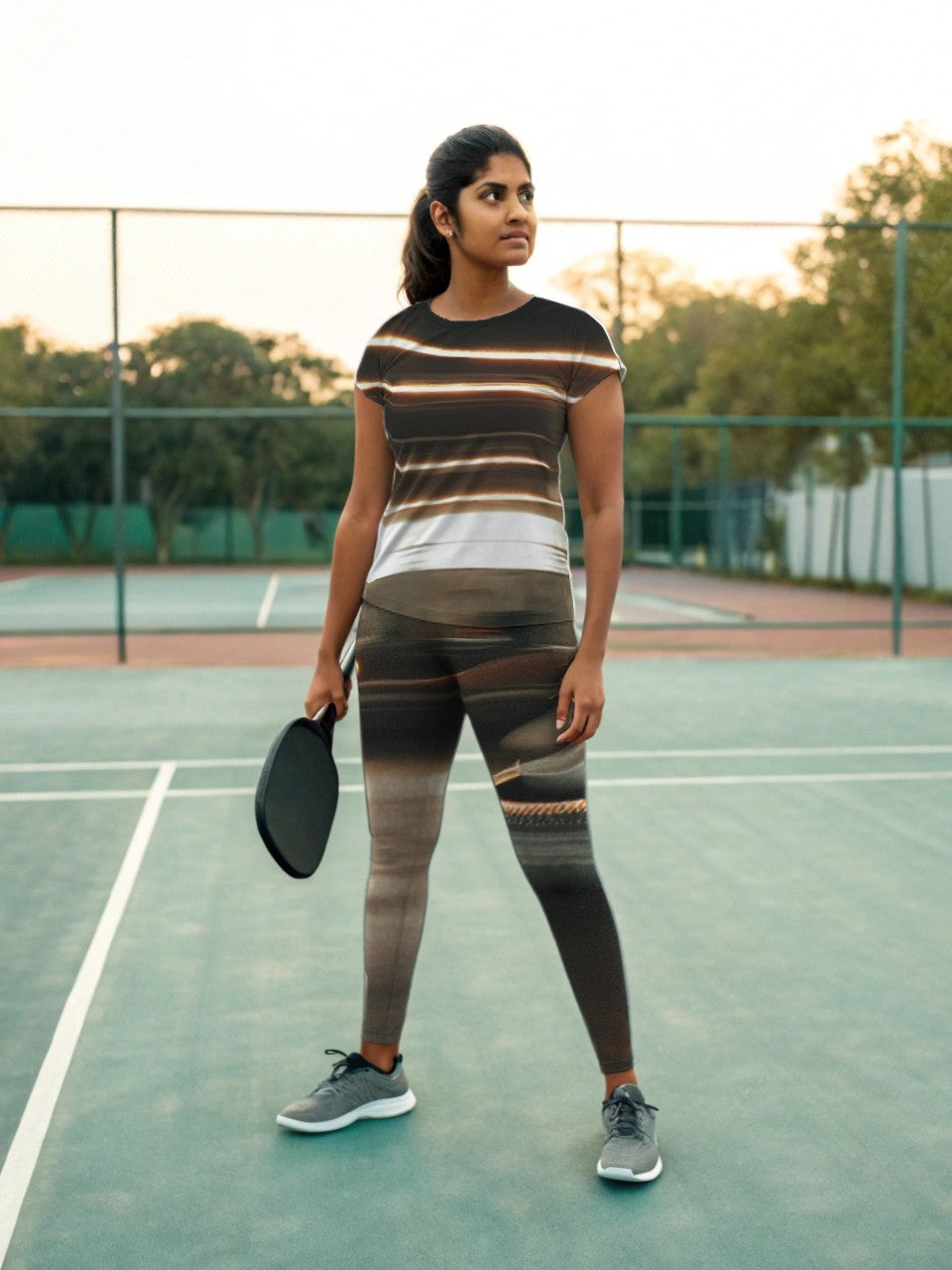 Pickleball | Paddleball | Activewear Coord Set Tshirt With Tummy Tuck Leggings | Trailing Light Print