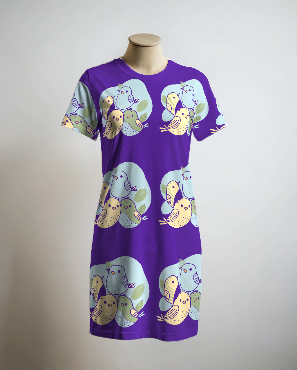 Cute Comfort Wear Bird Family Purple T Shirt Dress