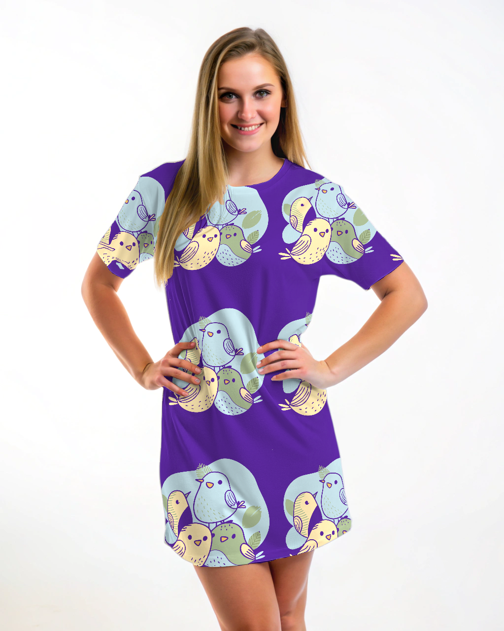Cute Comfort Wear Bird Family Purple T Shirt Dress