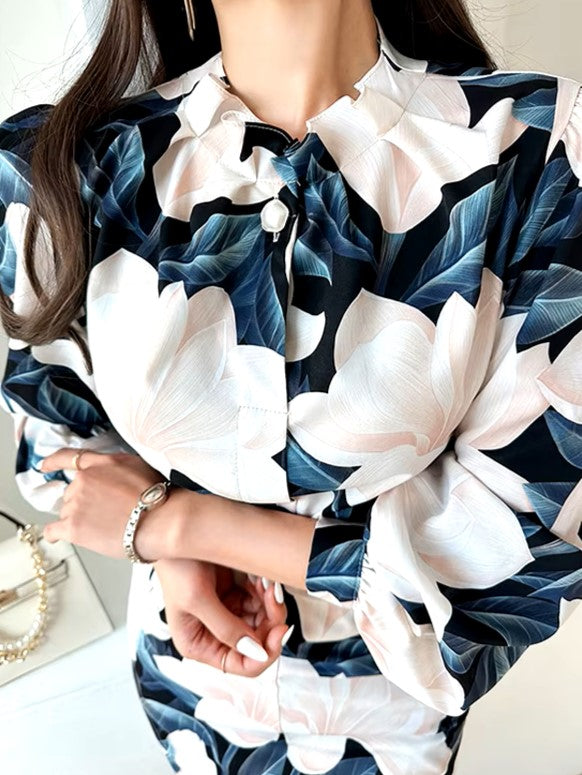 Fantastic Floral Print Navy Blue Skirt Co ord Set