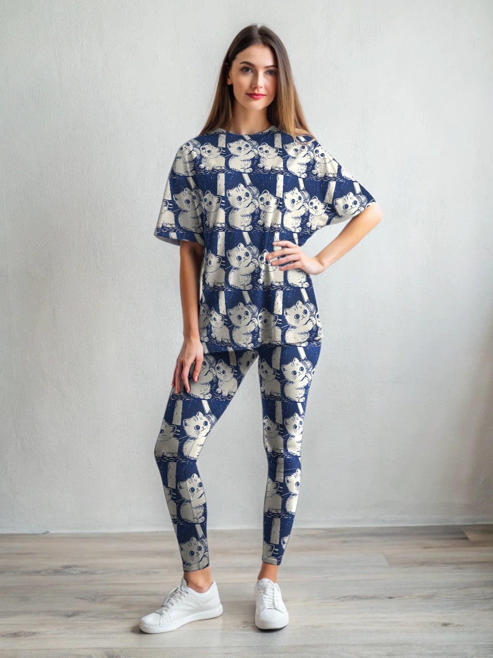 Adorable Singing Cats Print Premium Oversized Tee With Tummy Tuck Body Shaping Leggings Co-ord Set