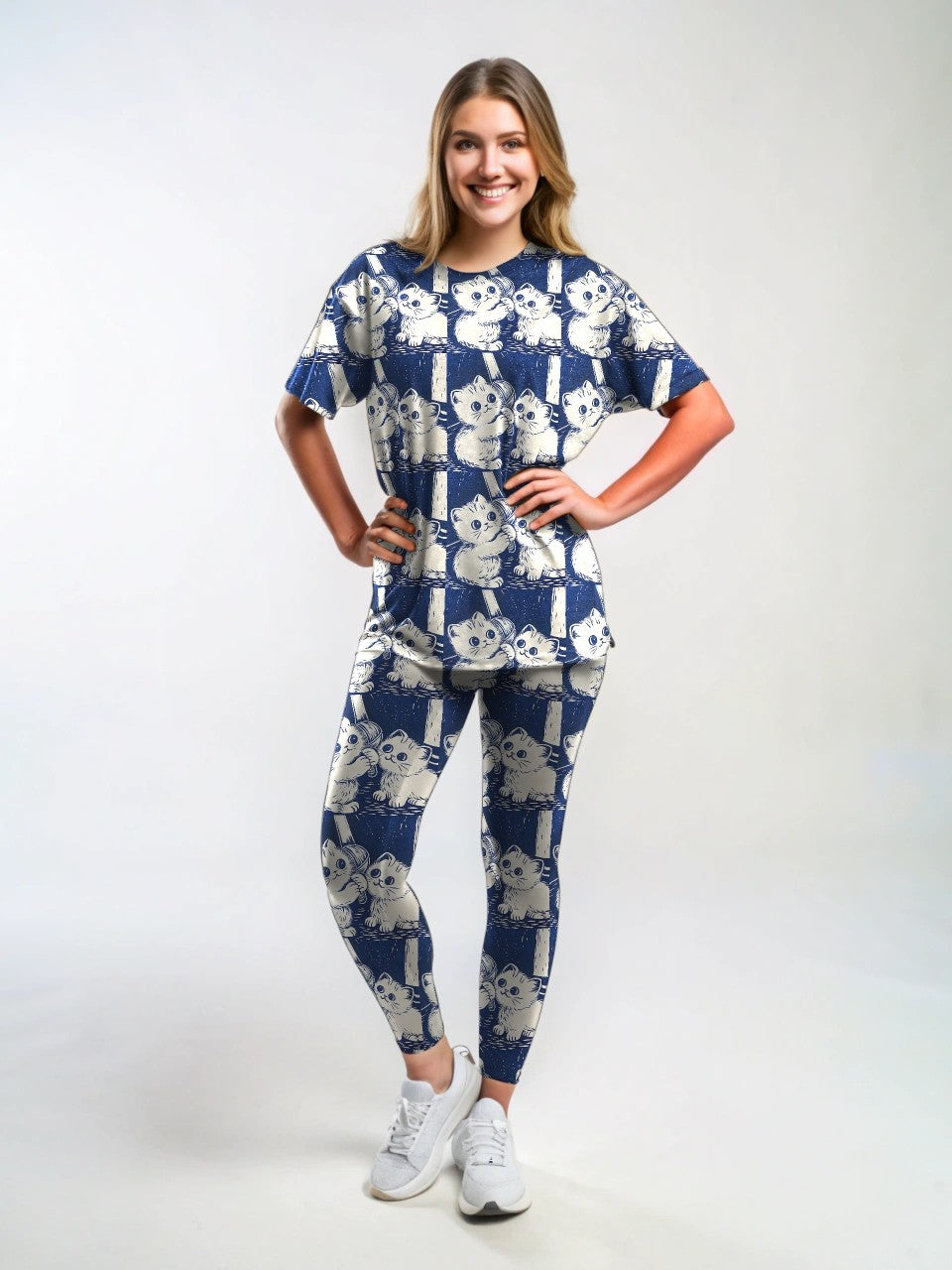 Adorable Singing Cats Print Premium Oversized Tee With Tummy Tuck Body Shaping Leggings Co-ord Set