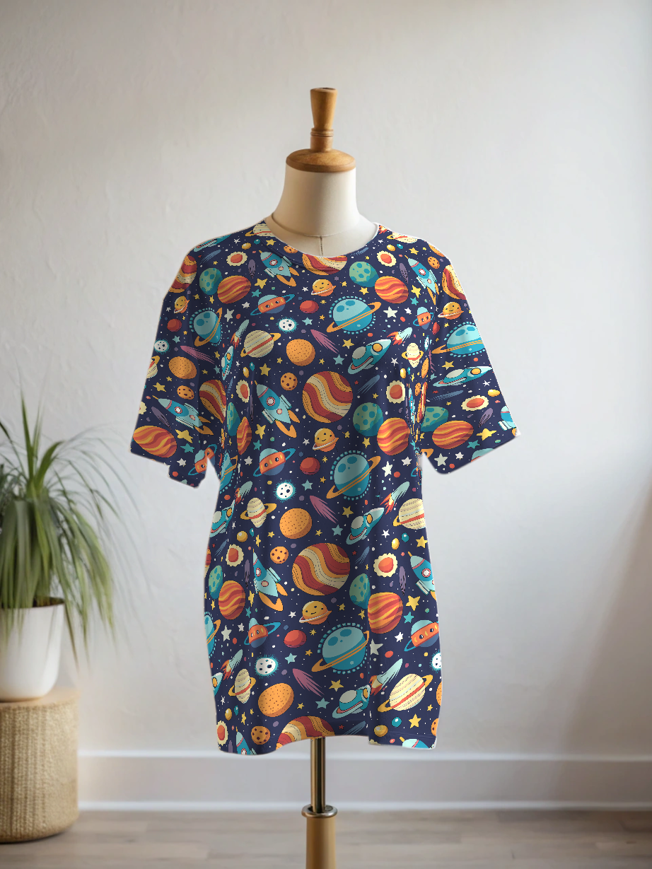 Smart Space Print Premium Oversized Tee With Tummy Tuck Body Shaping Leggings Co-ord Set