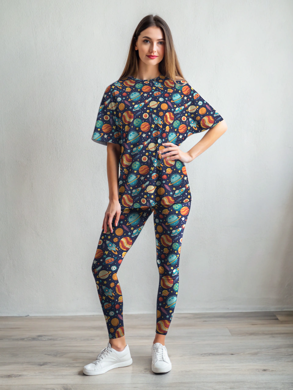 Smart Space Print Premium Oversized Tee With Tummy Tuck Body Shaping Leggings Co-ord Set
