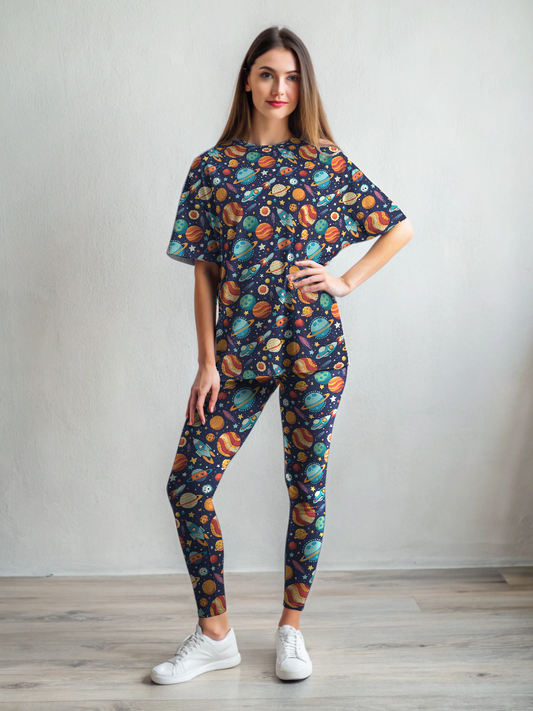 Smart Space Print Premium Oversized Tee With Tummy Tuck Body Shaping Leggings Co-ord Set